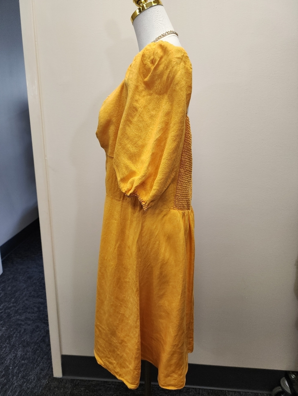 The Drop Mustard Yellow Midi Dress Puff Sleeve Ruched Bust Spring Dress Size XL - Picture 3 of 8